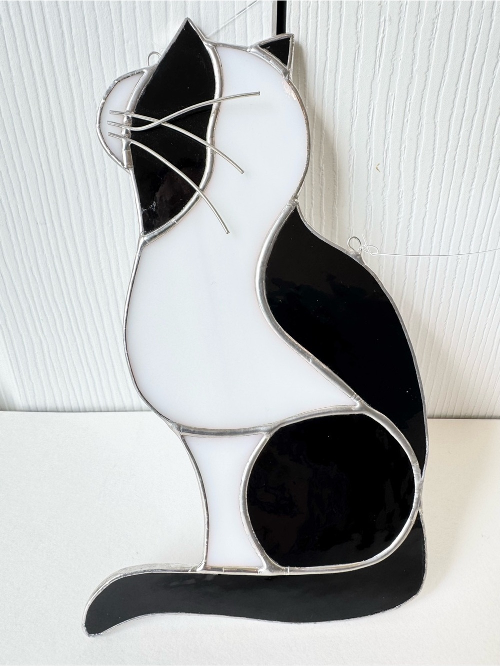 Tuxedo Cow Cat Stained Glass Sun Catcher Hanging Black White Cat Lover Lady - Picture 2 of 4